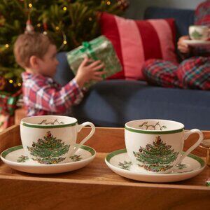 Spode Christmas Tree 7oz Ceramic Teacup & Saucer Set (x2), Vintage Style Table